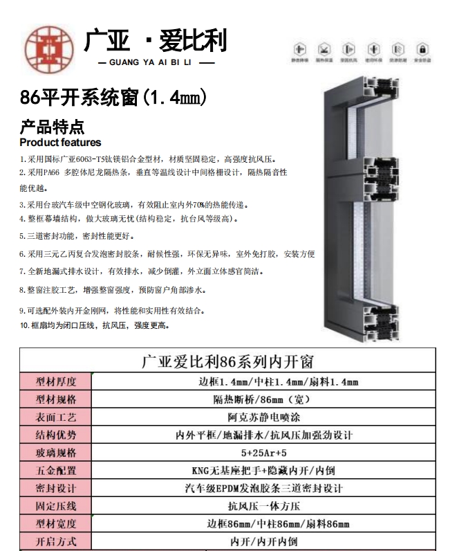 86平开系统窗(1.4mm)
